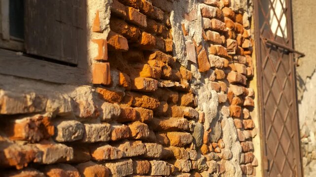 An old crumbling brick wall. Sunlight illuminating a crumbling brick wall showcases various types of bricks, with some missing or broken. The texture reflects age and decay