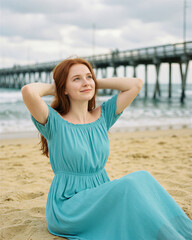 Fototapeta premium A young red-haired woman in a blue dress sitting on a sandy beach, smiling, with a pier stretching into the water behind.