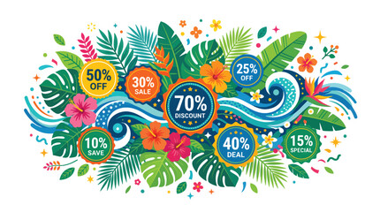 Fototapeta premium Vibrant summer sale banner with tropical leaves, flowers, and discount offers for seasonal promotions