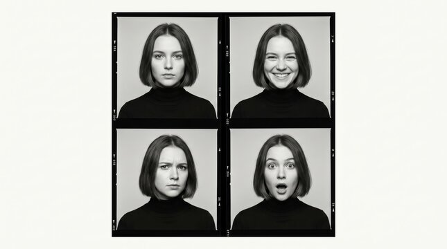 Young woman showing facial expressions in black and white contact sheet portraits, featuring happy, serious, angry and surprised emotions in vintage photo booth style