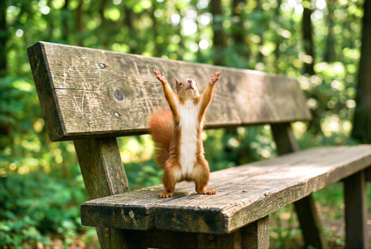 Lively tree squirrel or bushy tailed rodent stands on its hind legs on a weathered bench. This woodland critter reaches toward the bright canopy in a sunlit forest setting.