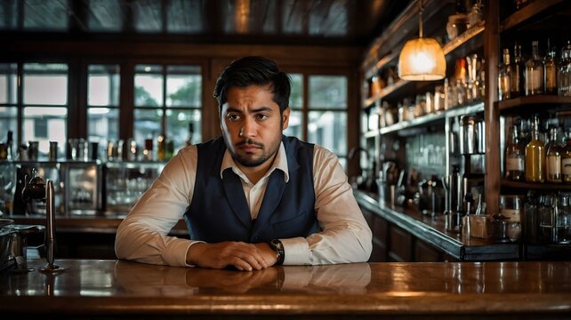 A somber Hispanic male bartender dressed in a vest, sits at a wooden bar, reflecting on his day amidst the warm glow of bottles behind him.