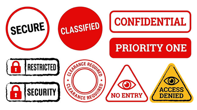 Vector graphics of confidential security labels and warning signs on white