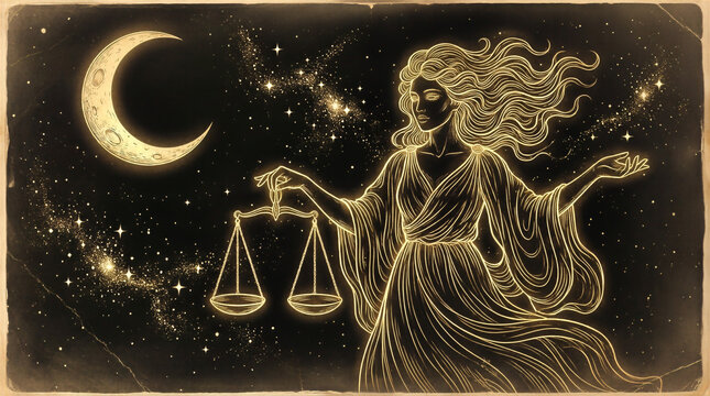Divine lady or star maiden floats through the cosmos, balancing her scales amidst a glittering. This celestial maiden cosmic equilibrium within the dark night sky.