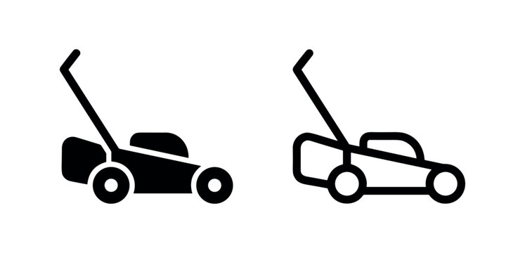 Lawn mower icon for gardening in filled and outline style, representing grass cutting and yard maintenance.