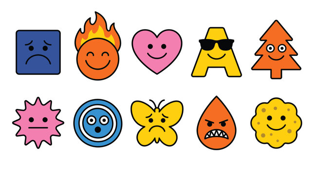 Retro cartoon character set with 10 colorful mascots, playful geometric shapes with faces, vibrant flat vector icons for branding and stickers