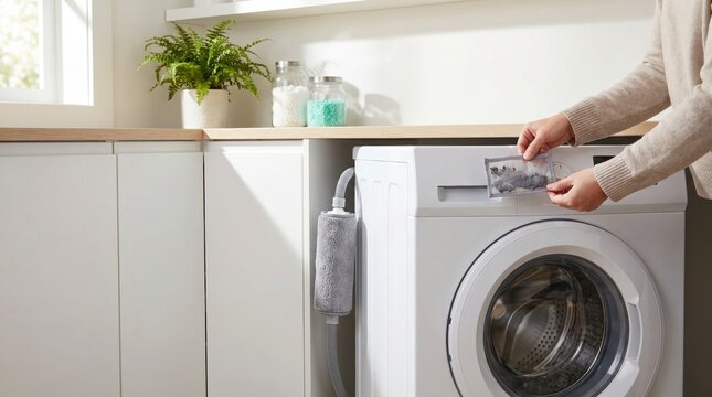 Person removing and cleaning the lint filter from a modern white washing machine