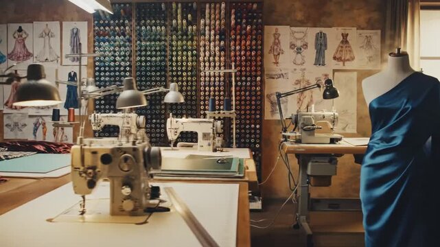 sewing machines and dressmaker's dummy in fashion design workshop with people.