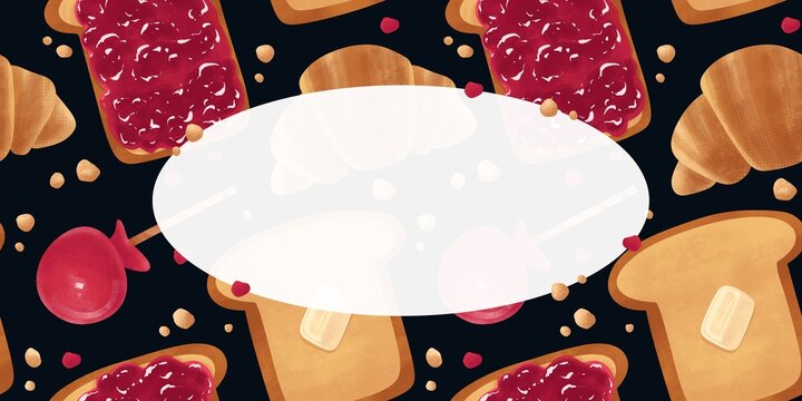 Breakfast Toast and Jam Border Banner with Copy Space, Dark Background, Croissant Cafe Frame Illustration, Non-AI Generated, Human Made Illustration