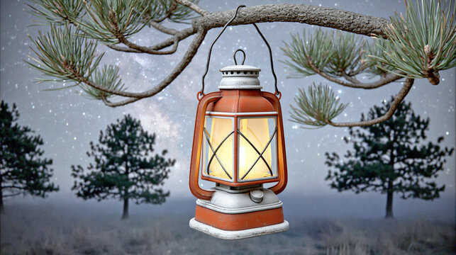 Glowing Camp Lantern Hanging from Pine Branch at Night