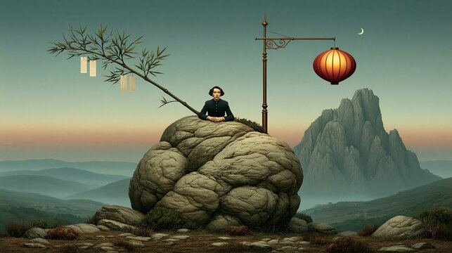 Ethereal Mountain Landscape with Lantern, Bamboo and Solitary Figure