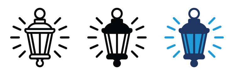 Vintage lantern and street lamp icon set, outdoor lighting symbols for garden parks, decorative illumination and classic lamp designs. © Gary D. Marlow