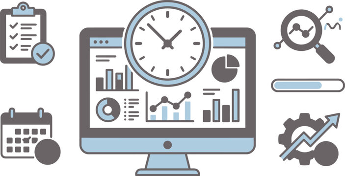 Computer dashboard with charts and clock symbolizing business analytics and time management during planning