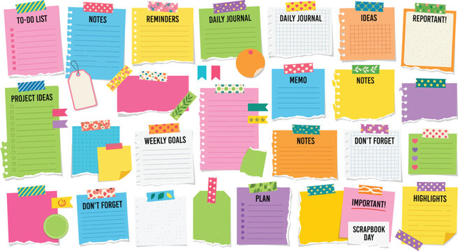 Colorful torn paper notes with washi tape adhesion for planning and reminders