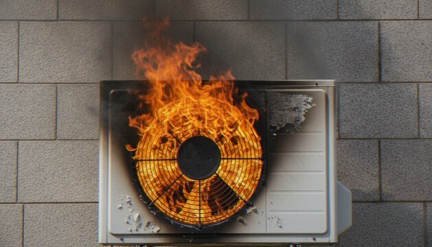 An outdoor air conditioning unit catching fire against a brick wall, symbolizing a mechanical failure or house fire hazard.