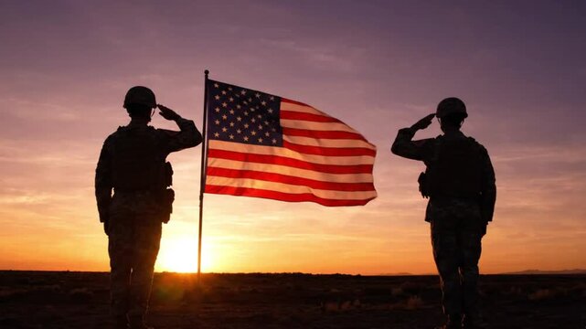 Silhouettes of two soldiers in uniform saluting the american flag at sunset