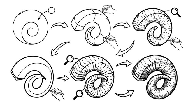 Step-by-step drawing tutorial of a ram's horn, illustration