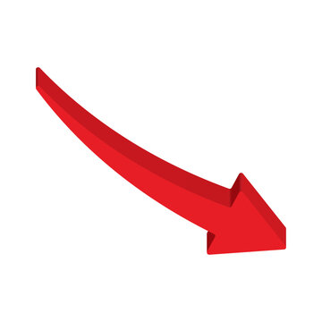 3D isometric red arrow pointing down isolated on white. Flat volume business financial crisis symbol for bankruptcy, economic recession, stock market crash and negative growth.