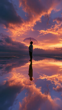 Beautiful silhouette of a lonely person holding a transparent umbrella standing on a perfectly reflective water surface under a dramatic vibrant sunset sky filled with orange pink and purple clouds