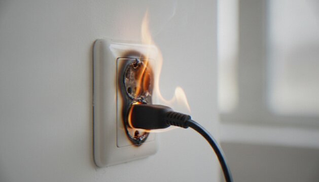 A close-up view of an electrical wall outlet engulfed in flames, showing signs of severe burning and potential electrical fire hazard.