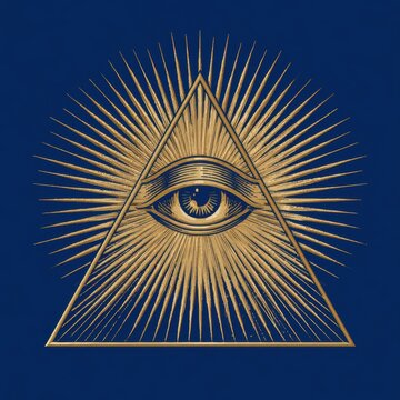 Golden Eye of Providence masonic symbol of the all seeing eye of god inside a triangle with dramatic sunburst rays engraved style isolated on a solid dark blue background classic retro look design