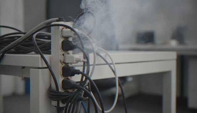 A close-up shot of an overloaded power strip emitting smoke, indicating an electrical fire hazard in an office setting.