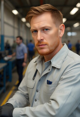 Obraz premium Focused male worker in light uniform in industrial setting