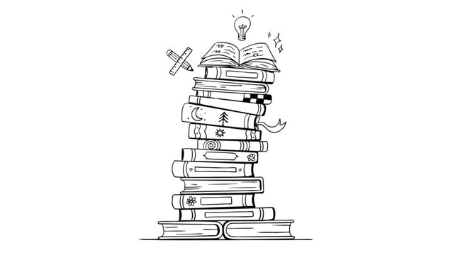 Pile of books with owl perched on top illustrated in black and white Vector