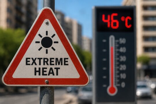 Extreme heat warning sign with temperature display in modern city, concept of climate change, urban heat emergency, global warming and public safety