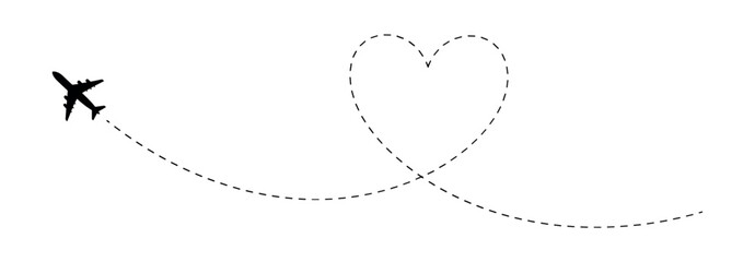 Black airplane silhouette leaving a dashed heart-shaped flight path © Vectors by ROK