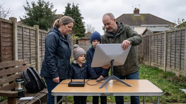 Family setting up portable satellite internet dish in backyard
