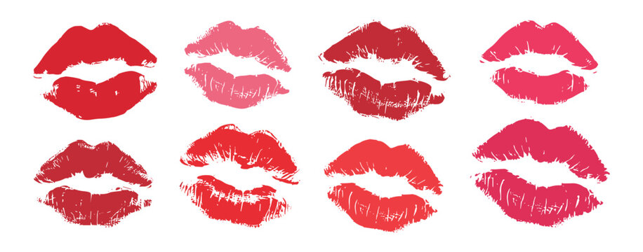 Set of eight lipstick kiss marks in various shades of red and pink