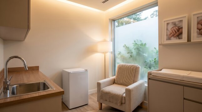 Modern public nursing room with changing table and small refrigerator