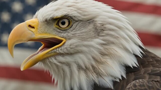 Majestic bald eagle portrait with blurred american flag background, symbol of usa freedom and patriotism