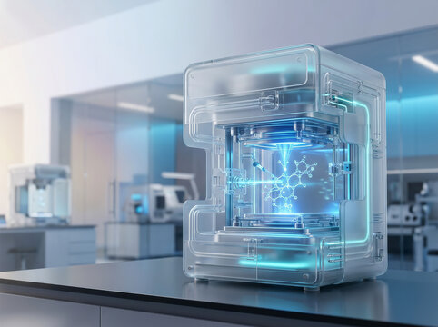 Futuristic transparent laboratory device projecting a glowing 3D molecular structure. Advanced scientific research and biotechnology concept.
