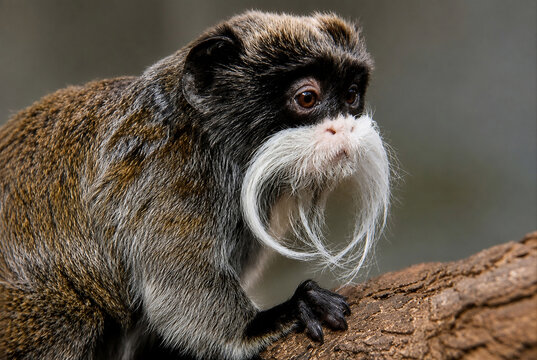 A close-up portrait of an Emperor Tamarin (Saguinus imperator) perched on a tree branch, showcasing its distinctive long white mustache, expressive eyes, and finely textured fur. Captured in natural l