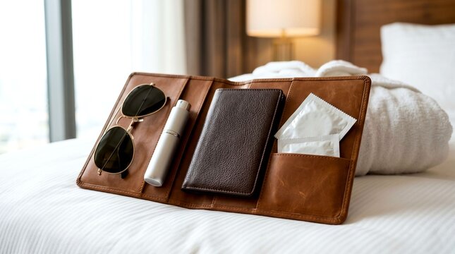 A brown leather travel organizer wallet containing sunglasses, perfume, and packed condoms resting on a clean white hotel bed setup