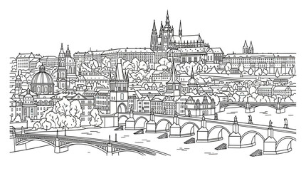 Fototapeta premium Prague Skyline Outline Drawing - Charles Bridge and Prague Castle