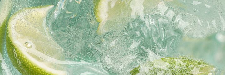Fototapeta premium Sparkling citrus drink background with crystal clear ice and fresh lime panoramic banner