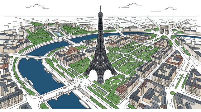 Paris cityscape illustration with Eiffel Tower, Seine River, and Arc de Triomphe