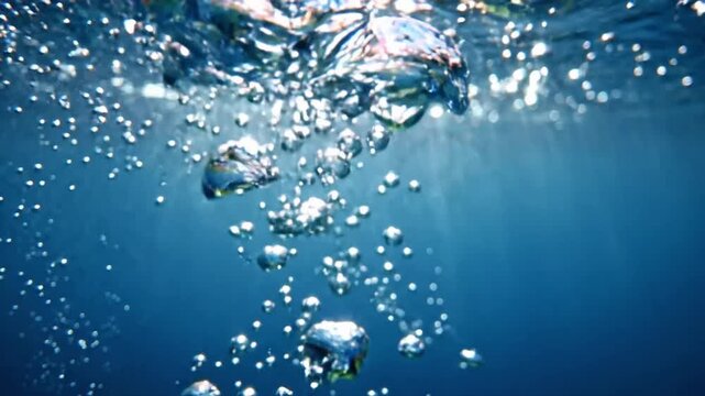 Slow motion bubbles rise in water during bright sunlight