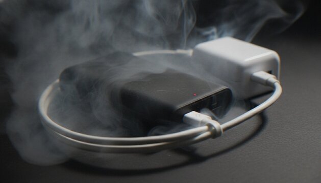 A close-up of a black power bank emitting smoke while plugged into a white wall charger, representing a potential battery fire hazard or overheating electronic device.
