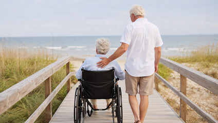 Fototapeta premium Man pushing woman in wheelchair on wooden boardwalk at beach. Happy senior couple enjoying summer vacation. Travel assistance, mobility aid, active aging and retirement lifestyle concept.