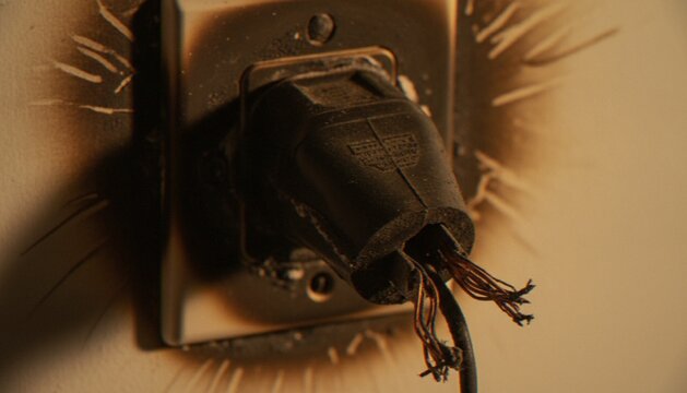 A close-up view of a damaged, burnt electrical plug connected to a wall socket, showing charred casing and exposed wires, representing a hazardous electrical fire risk.