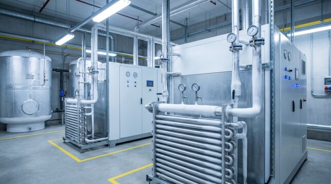 Industrial refrigeration facility with white tanks and frost covered cooling pipes