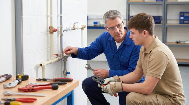 Experienced plumber teaching young apprentice how to repair pipe system