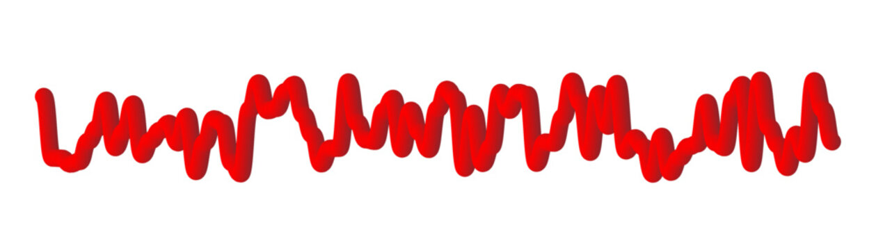 Abstract red wavy line with zig zag pattern and liquid texture isolated on white background creating energetic heartbeat or pulse visual design.