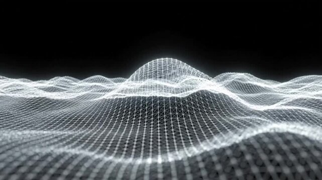 White wave wireframe on black background shows movement and structure in digital space with visual representation