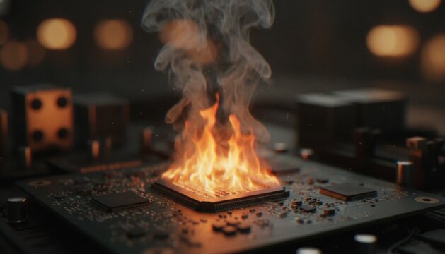 A close-up view of a computer motherboard processor chip catching fire and emitting smoke, symbolizing critical hardware failure or overheating.