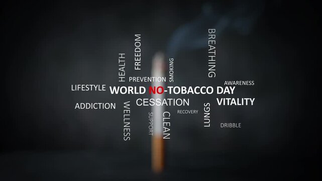 World No-Tobacco Day Word Cloud Kinetic Typography Animation on Dark Soft Blurred Lit Cigarette Background, Stock Video Loop Representing Health Prevention, Cessation Support, Addiction Recovery, Vita